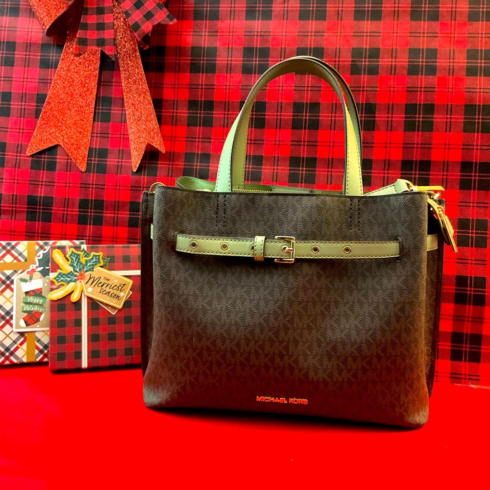 Authentic Michael Kors Emilia Signature Brown and Light Sage Satchel